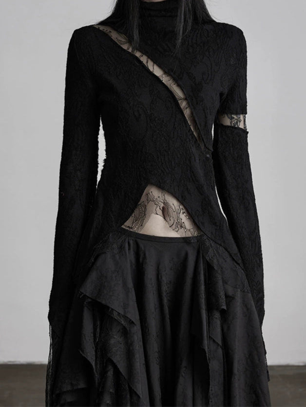 Scorpio No1r "Veiled Thorn" Lace Embroidery Dark Black Semi-Turtleneck Wool Base Shirt Women's Autumn And Winter Irregular Outer Tops