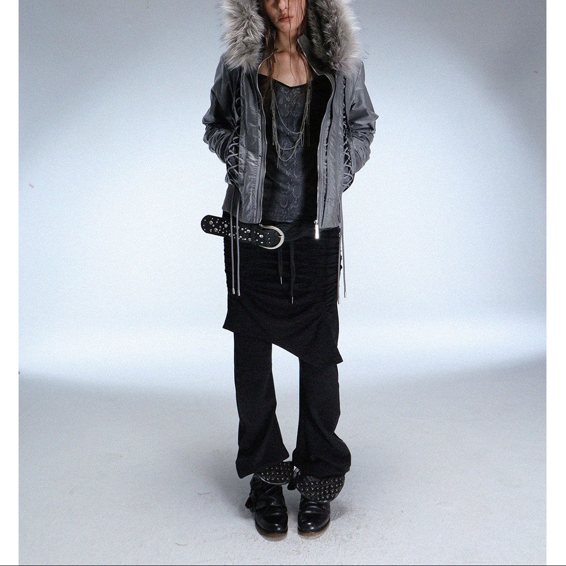 DoublePunch Fall/Winter Original "Northern Night Patrol" strap-on eco-friendly fur shawl parka cropped jacket