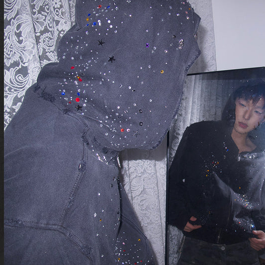 DND4DES Aged Hooded Sweatshirt Gypsophila Hot Diamond Slim Zip Jacket Fall 2024 Cotton Wash Trend