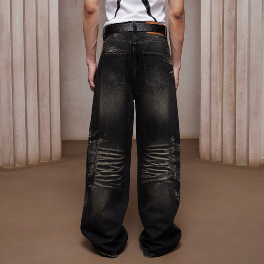 DND4DES American heavy industry washed and stained gypsophila peresophila heterochromatic rhinestone straight jeans design