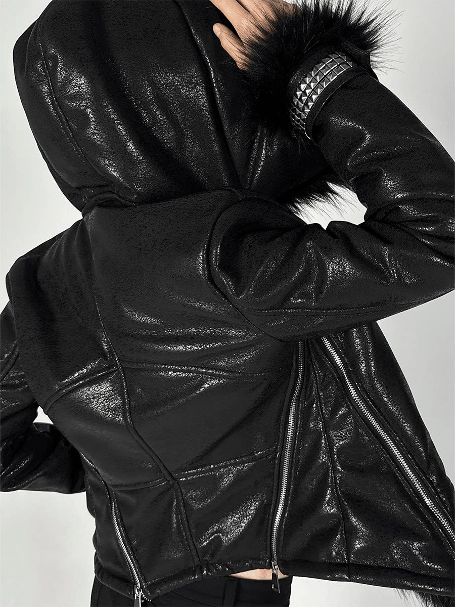 Scorpio No1r Cracked Silver Print Rivet Asymmetric Fur Collar Fleece Lined Coat
