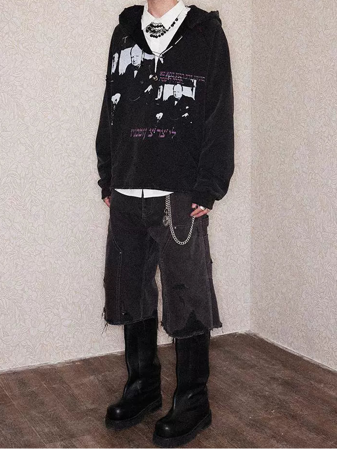 RICHILL メランコリー オープンカラー ピン チャーチル プリント ウォッシュスポイルド フード付きスウェットシャツ