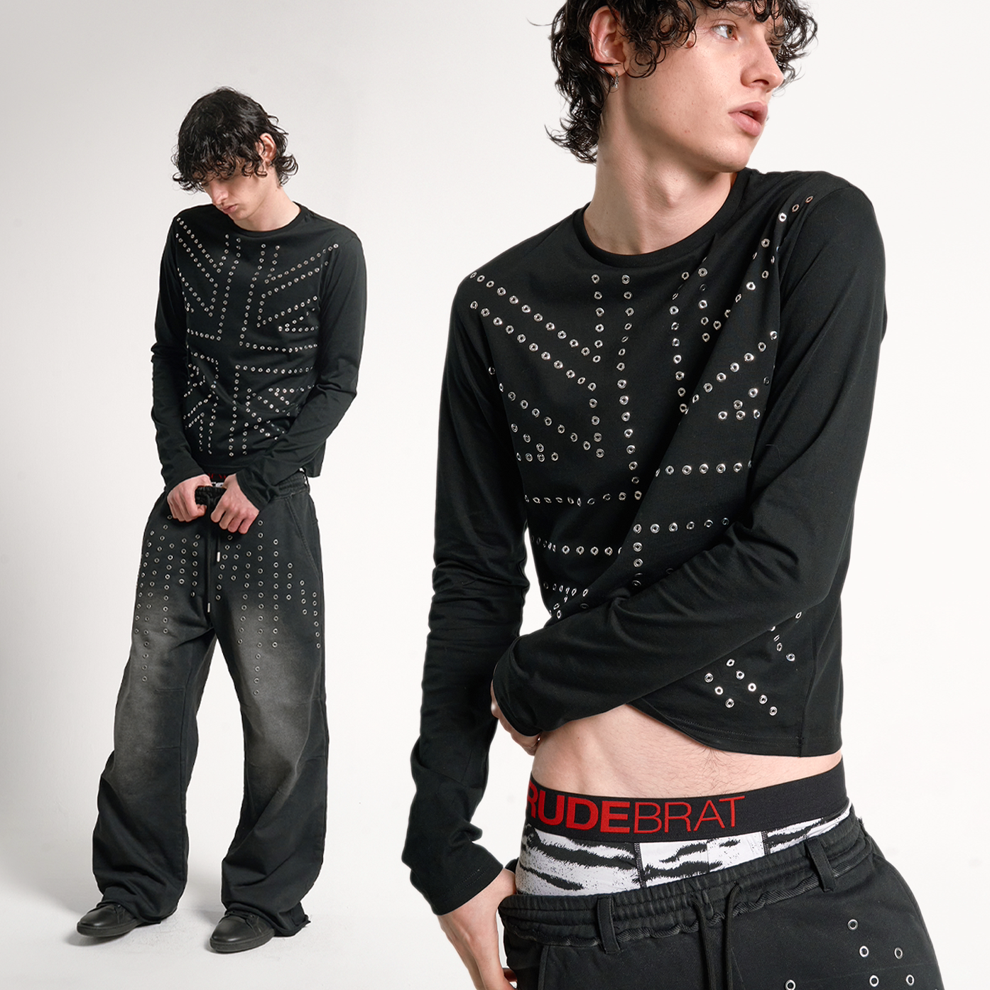 Scorpio No1r Studded Full-Length Bright Silver Rhinestone Fitted Black Retro Fashion Spring Long Sleeve