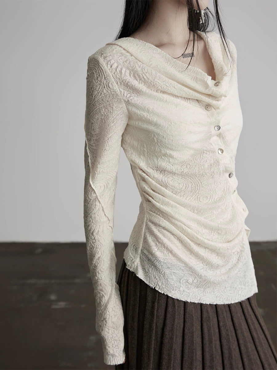 Scorpio No1r "The Misaligned" Wool Jacquard Diagonal Buckle Asymmetrical Stacked Collar Knitted White Top