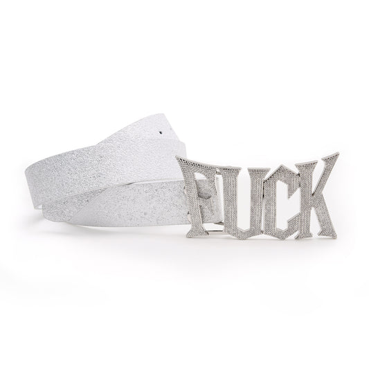 Fourth3ex FUCK full diamond bright silver genuine leather belt men's and women's punk hip-hop logo metal buckle belt